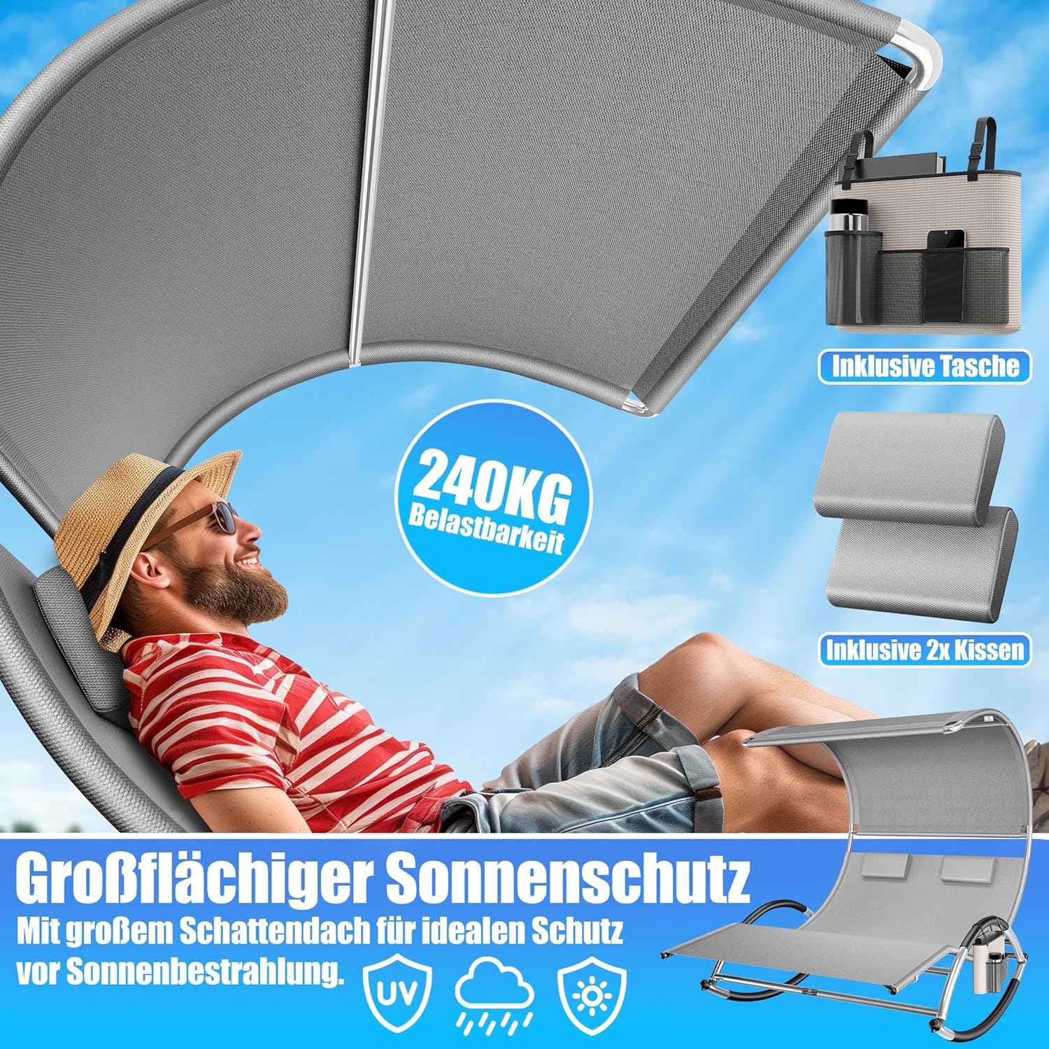 KESSER® Doppel-Sonnenschläger, Sonnendach, ergonomisch, 240 kg, 2 Personen