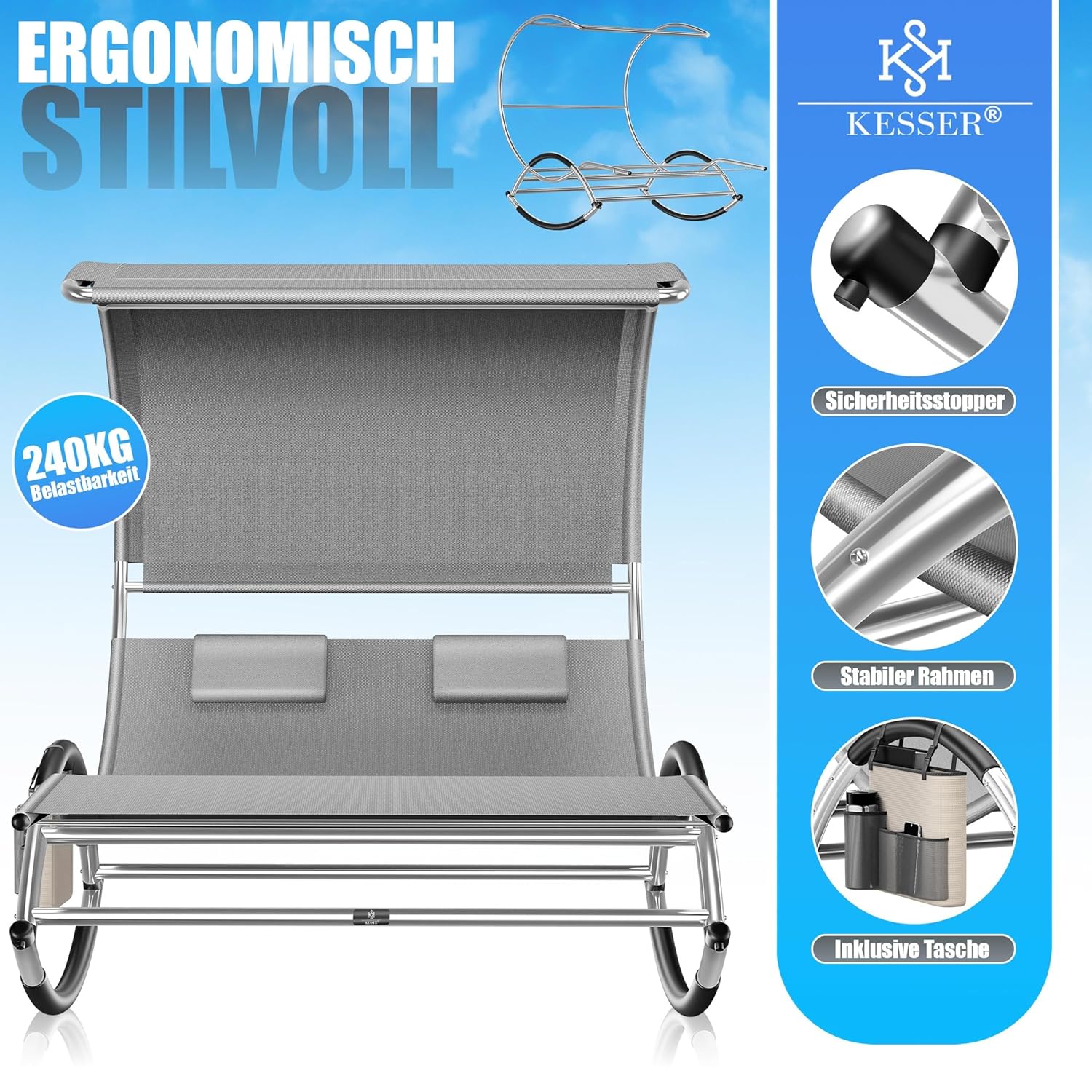 KESSER® Doppel-Sonnenschläger, Sonnendach, ergonomisch, 240 kg, 2 Personen