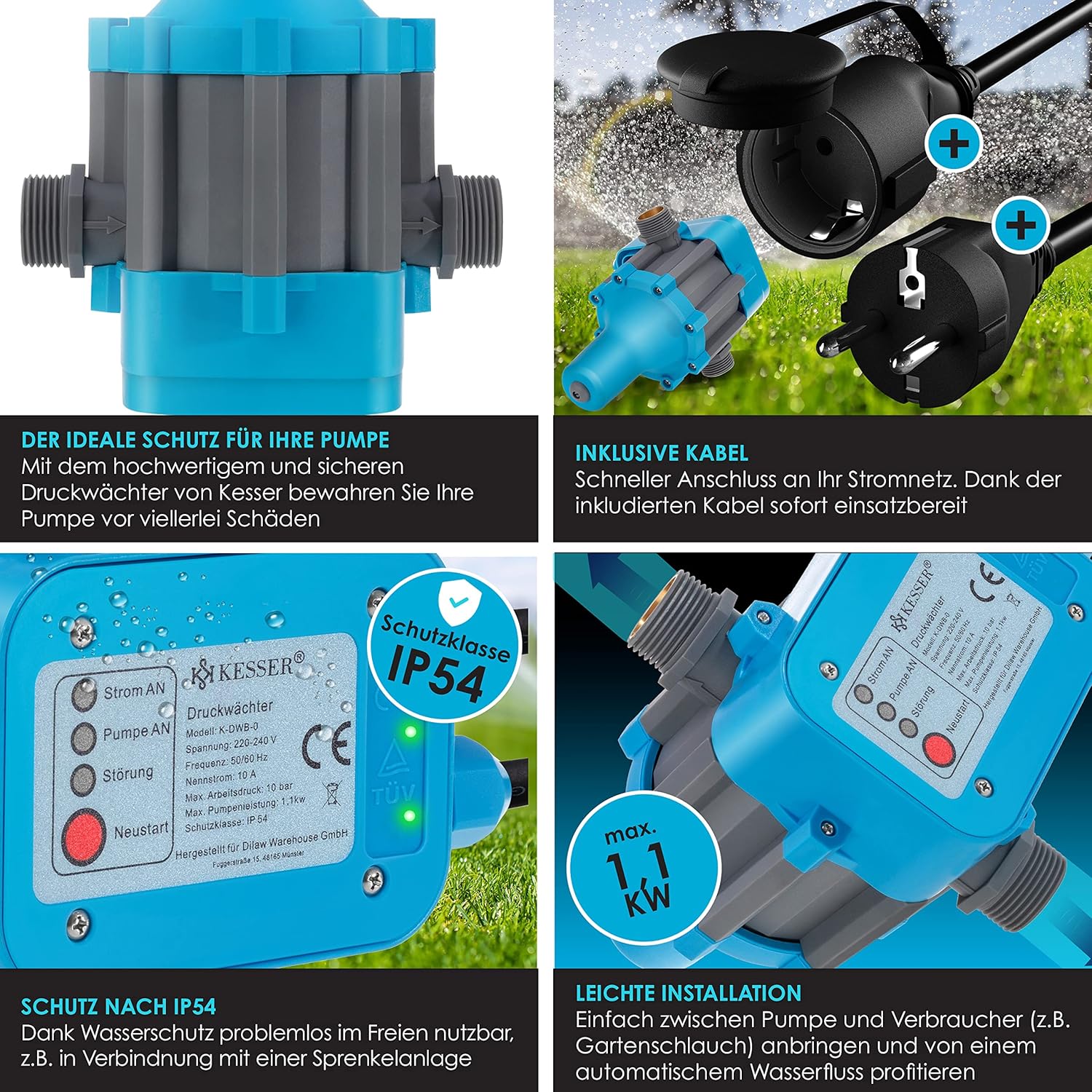 Kesser Druckschalter 10 bar – konstante Wasserdruck, Auto‑Ein/Aus, Garten & Haus