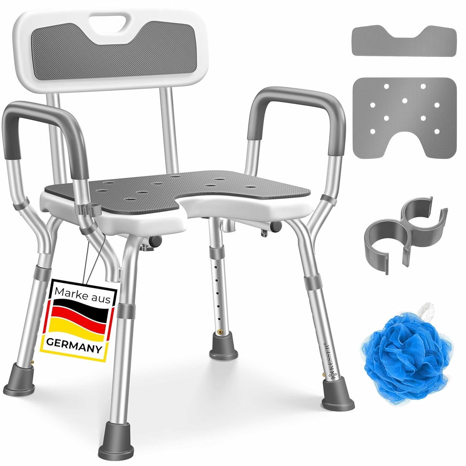 KESSER® Duschstuhl 150 kg, höhenverstellbar 38‑54 cm, 6‑Stufen, Rückenlehne, Senioren & Schwangere