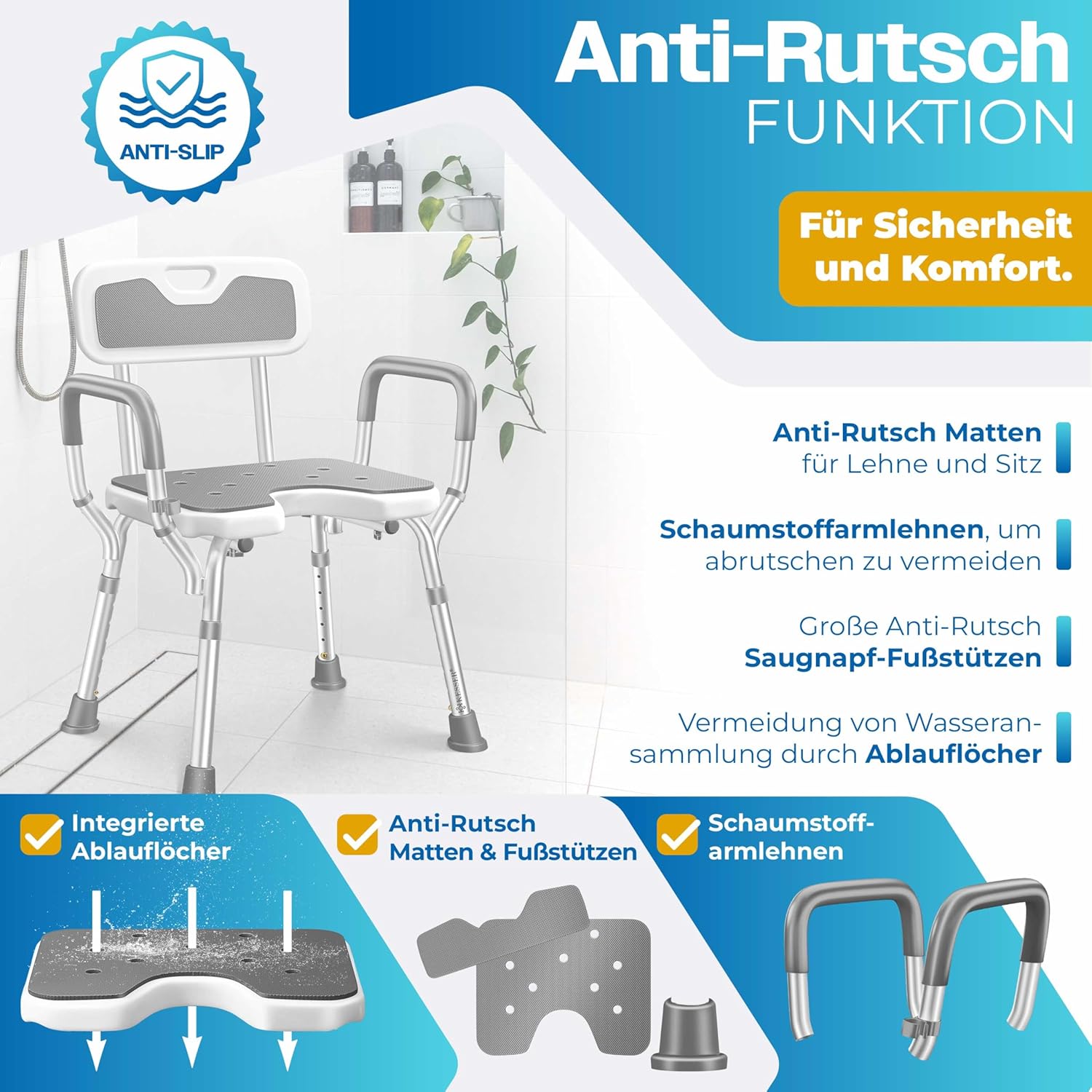 KESSER® Duschstuhl 150 kg, höhenverstellbar 38‑54 cm, 6‑Stufen, Rückenlehne, Senioren & Schwangere