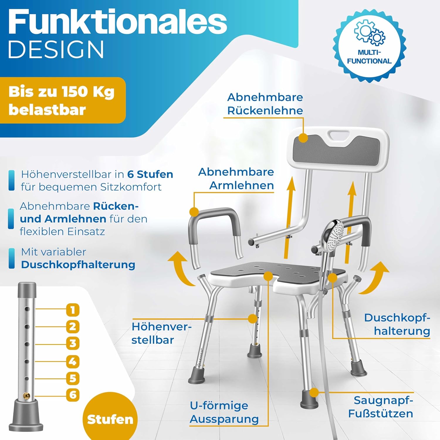 KESSER® Duschstuhl 150 kg, höhenverstellbar 38‑54 cm, 6‑Stufen, Rückenlehne, Senioren & Schwangere