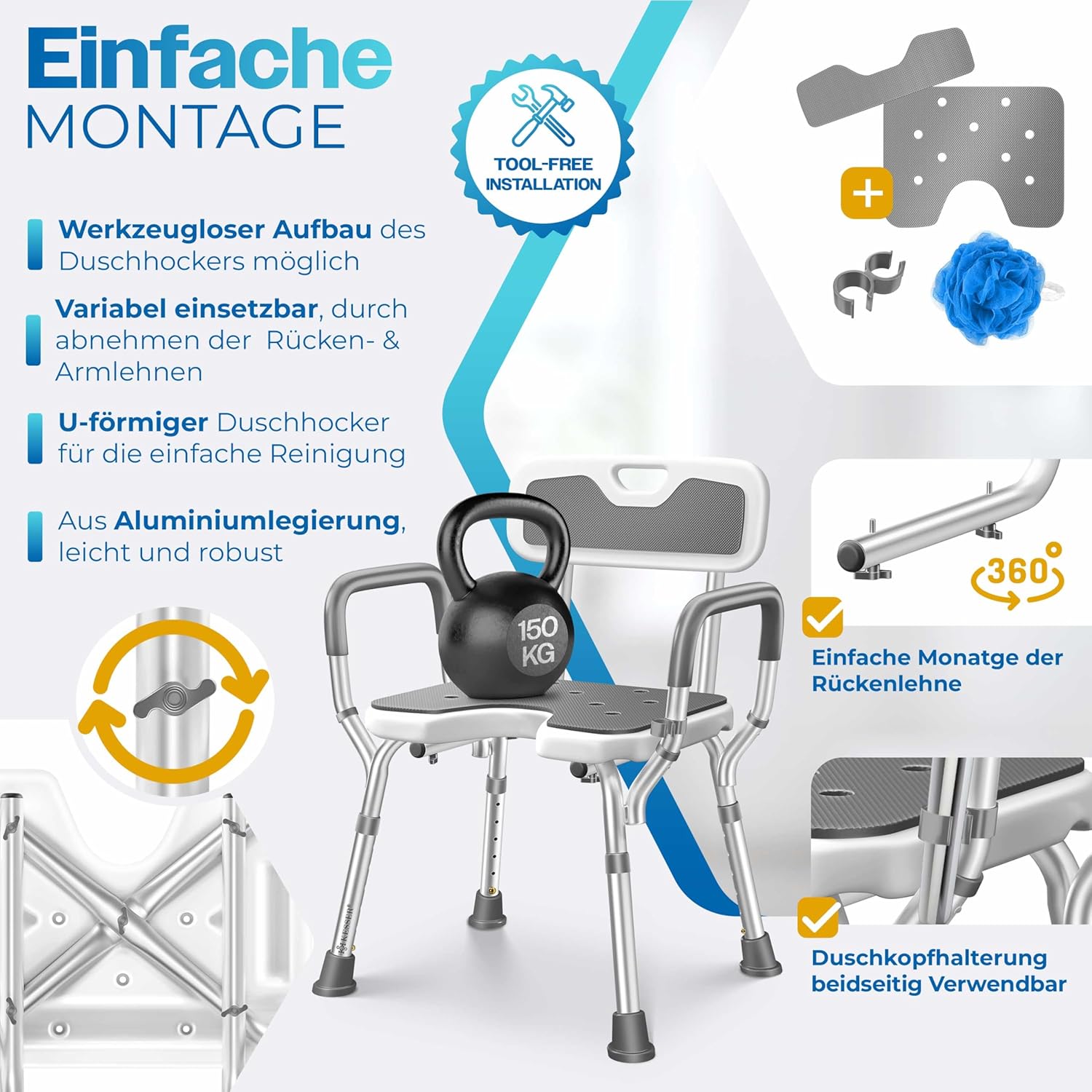KESSER® Duschstuhl 150 kg, höhenverstellbar 38‑54 cm, 6‑Stufen, Rückenlehne, Senioren & Schwangere