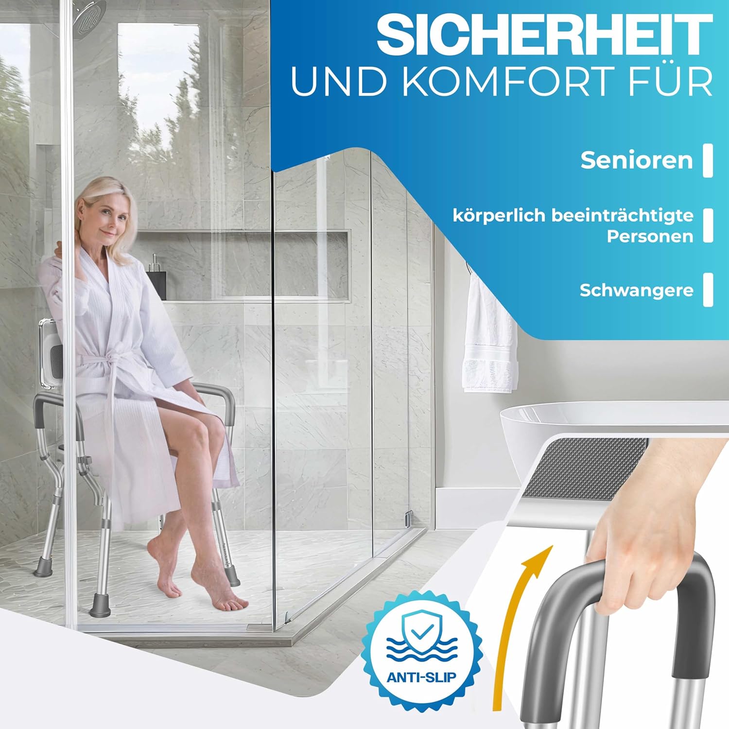 KESSER® Duschstuhl 150 kg, höhenverstellbar 38‑54 cm, 6‑Stufen, Rückenlehne, Senioren & Schwangere