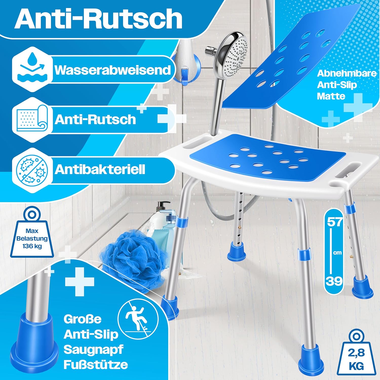 KESSER Duschstuhl höhenverstellbar, leicht, rutschfest, Saugkugeln