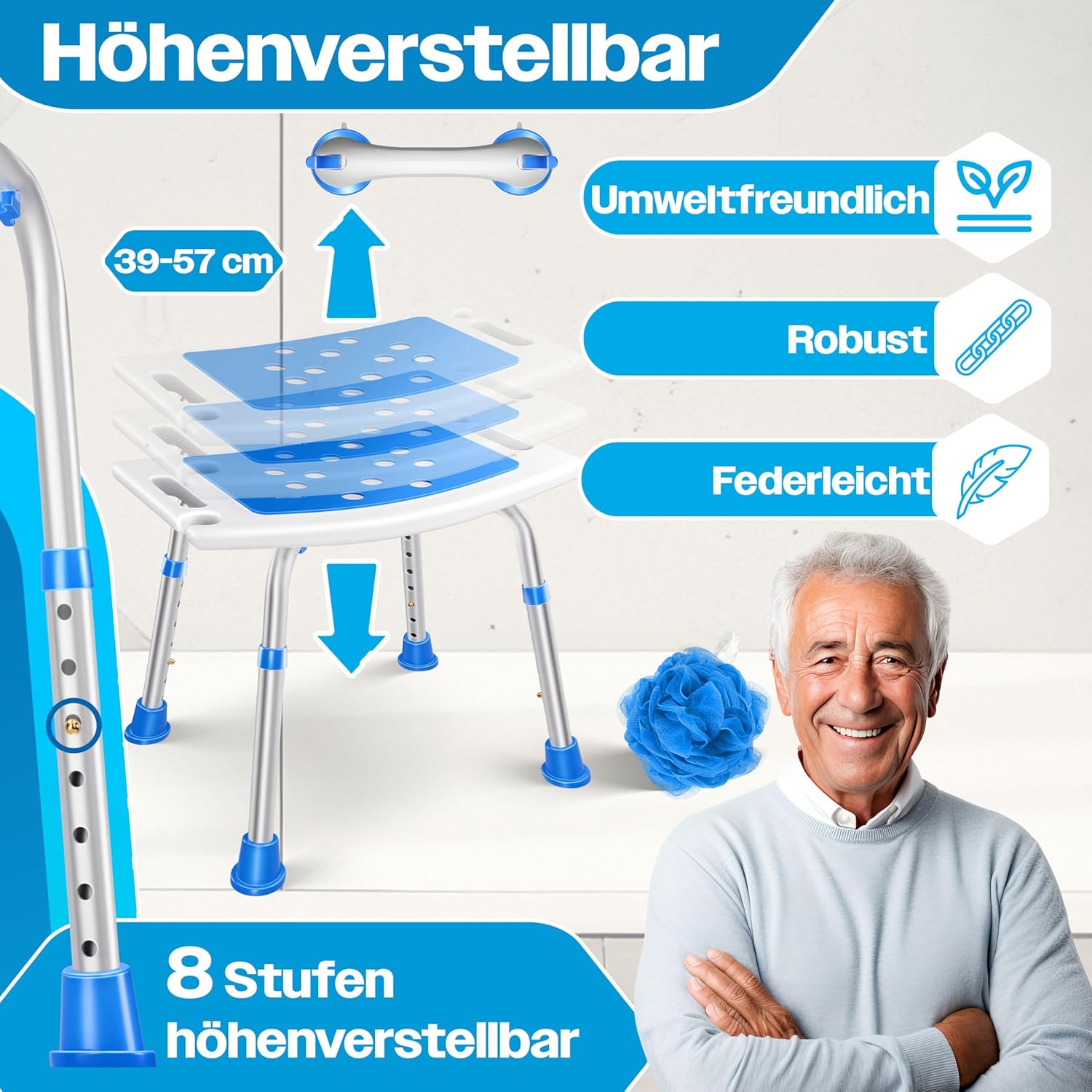 KESSER Duschstuhl höhenverstellbar, leicht, rutschfest, Saugkugeln