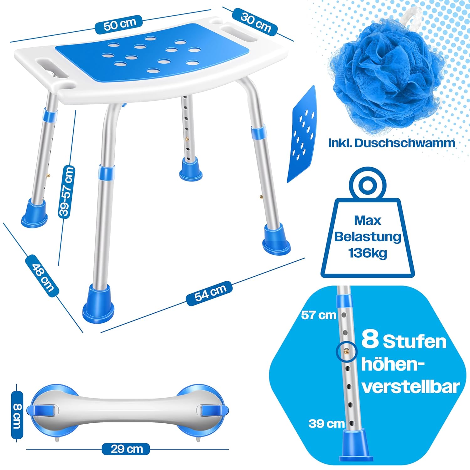 KESSER Duschstuhl höhenverstellbar, leicht, rutschfest, Saugkugeln