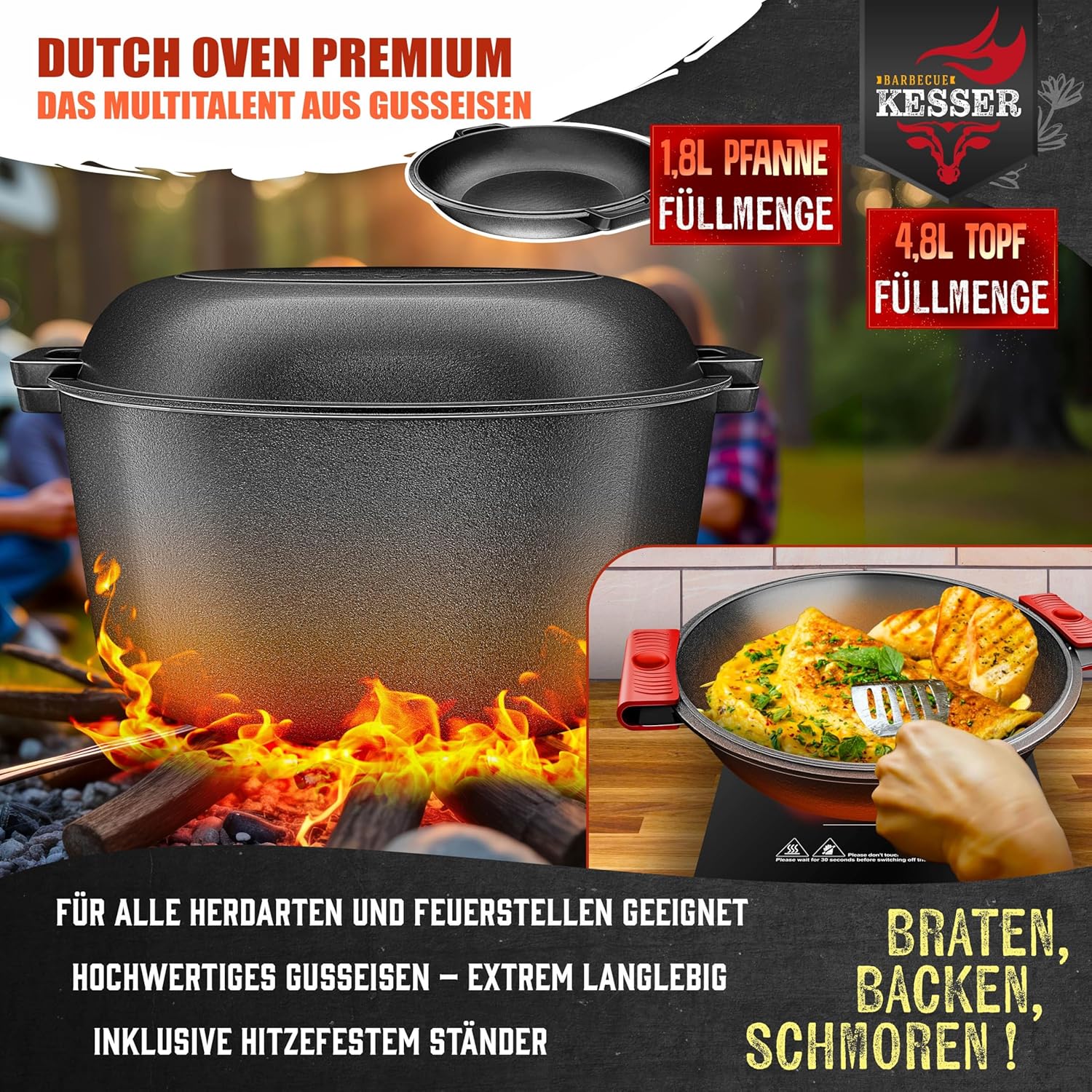 KESSER Dutch Oven 2-in-1: 4,8 L Gusseisen‑Topf + 1,8 L Pfanne, vielseitig für Küche, Camping & BBQ