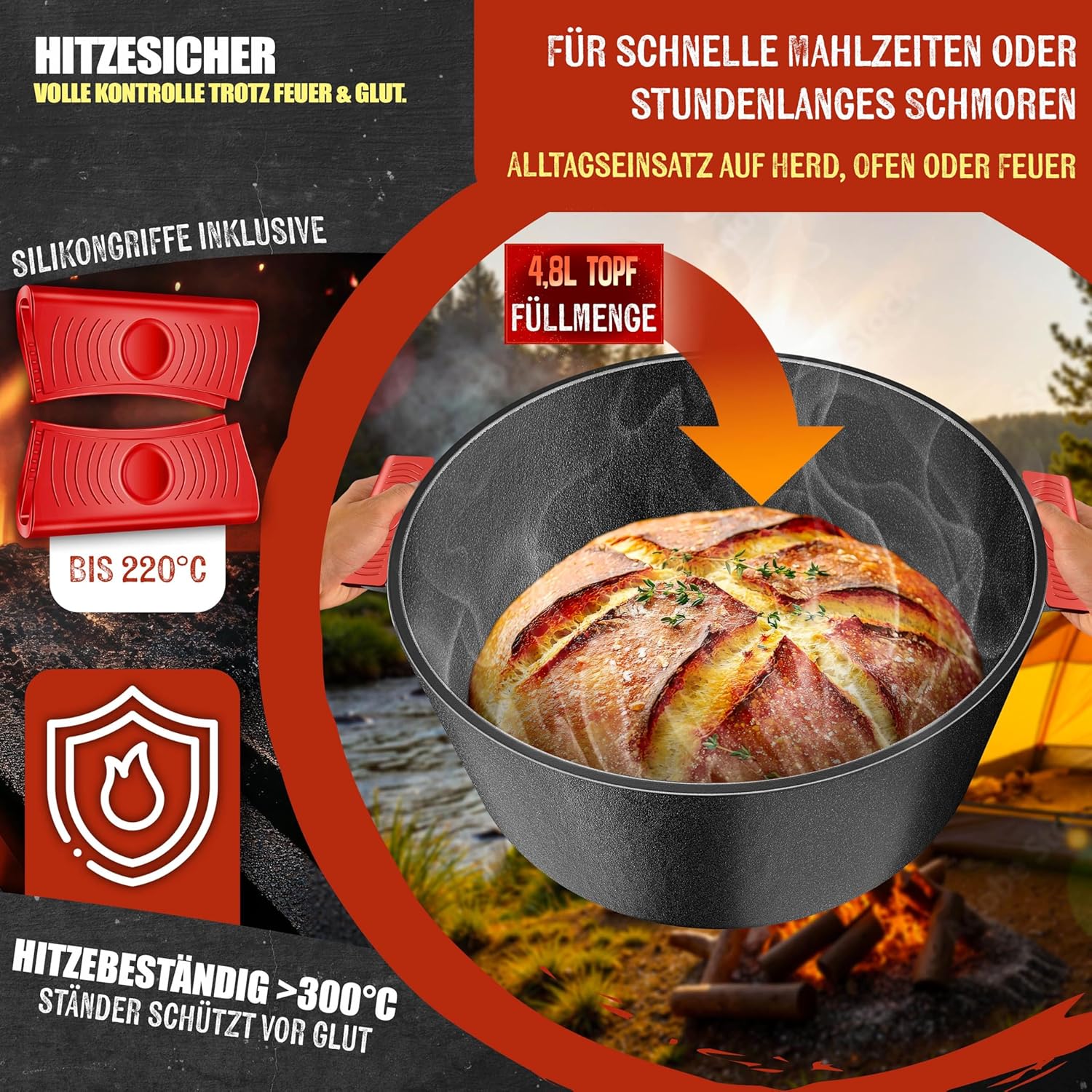 KESSER Dutch Oven 2-in-1: 4,8 L Gusseisen‑Topf + 1,8 L Pfanne, vielseitig für Küche, Camping & BBQ