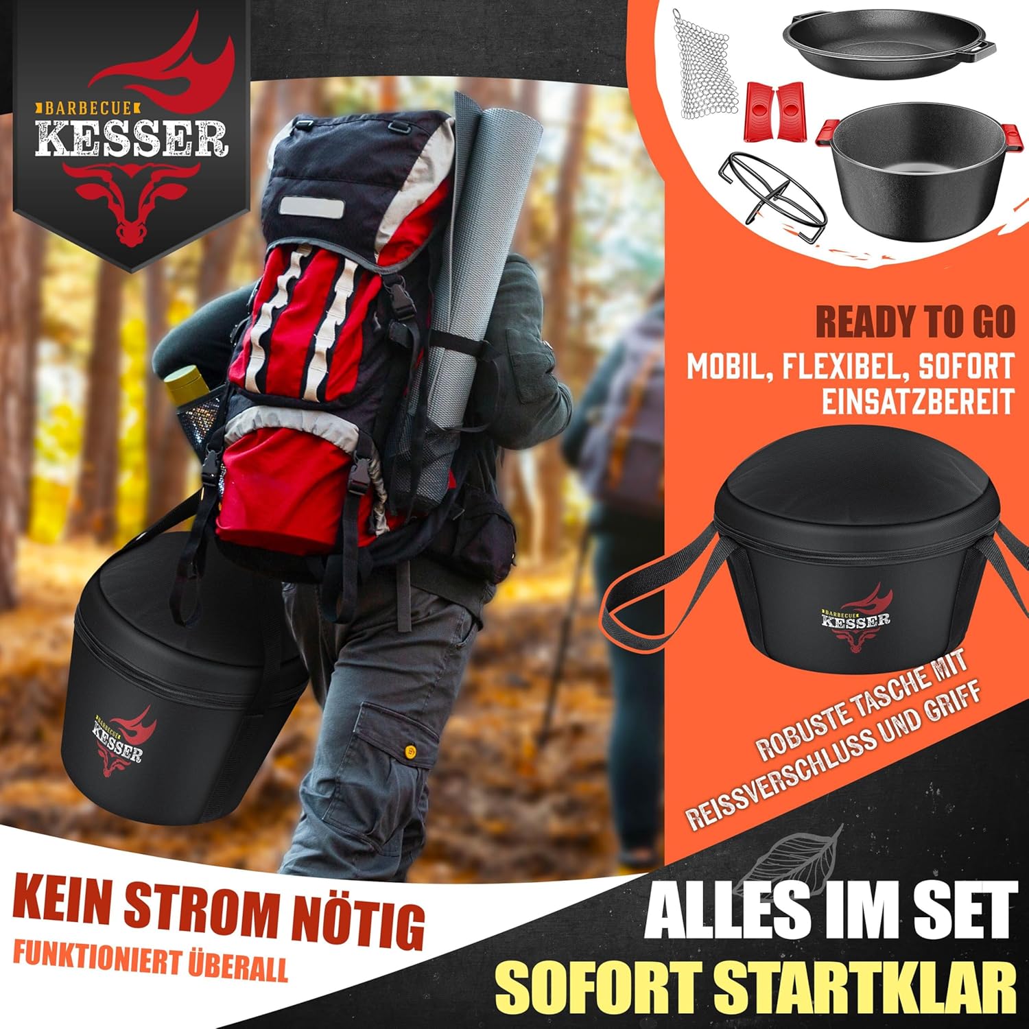 KESSER Dutch Oven 2-in-1: 4,8 L Gusseisen‑Topf + 1,8 L Pfanne, vielseitig für Küche, Camping & BBQ