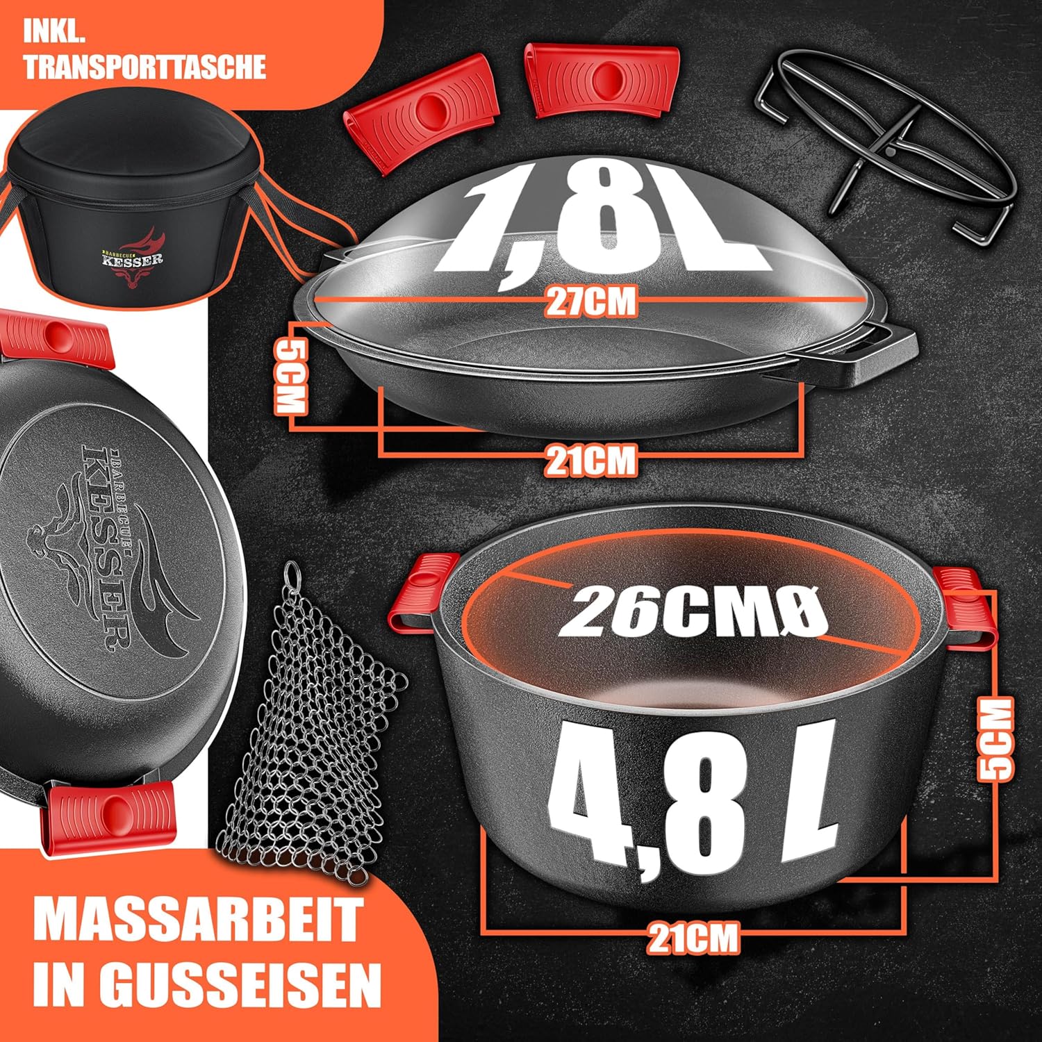 KESSER Dutch Oven 2-in-1: 4,8 L Gusseisen‑Topf + 1,8 L Pfanne, vielseitig für Küche, Camping & BBQ