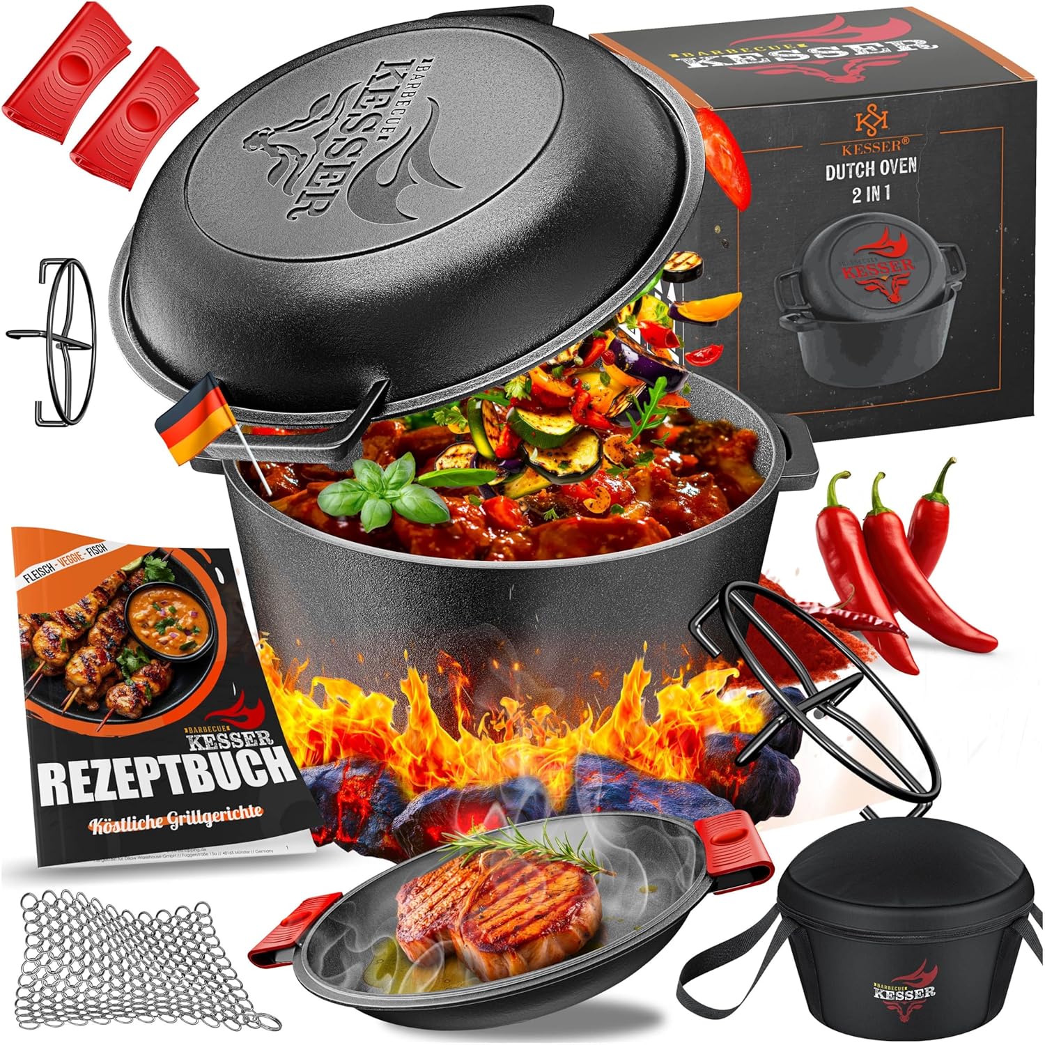 KESSER Dutch Oven 2-in-1: 4,8 L Gusseisen‑Topf + 1,8 L Pfanne, vielseitig für Küche, Camping & BBQ