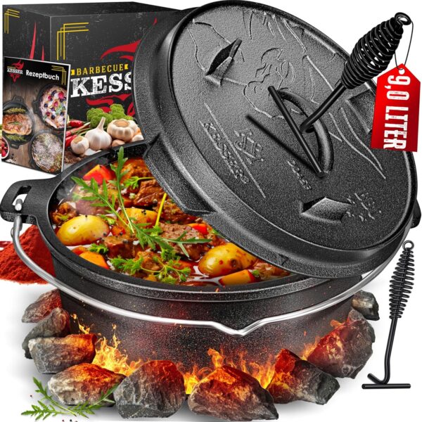 KESSER® Dutch Oven Eisentopf mit Deckelheber, Thermometer‑Schlitz, Gulasch & Grill