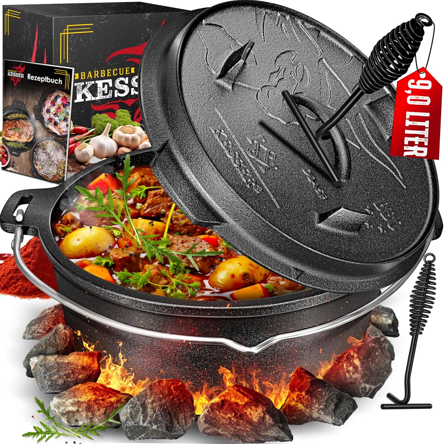 KESSER® Dutch Oven Eisentopf mit Deckelheber, Thermometer‑Schlitz, Gulasch & Grill