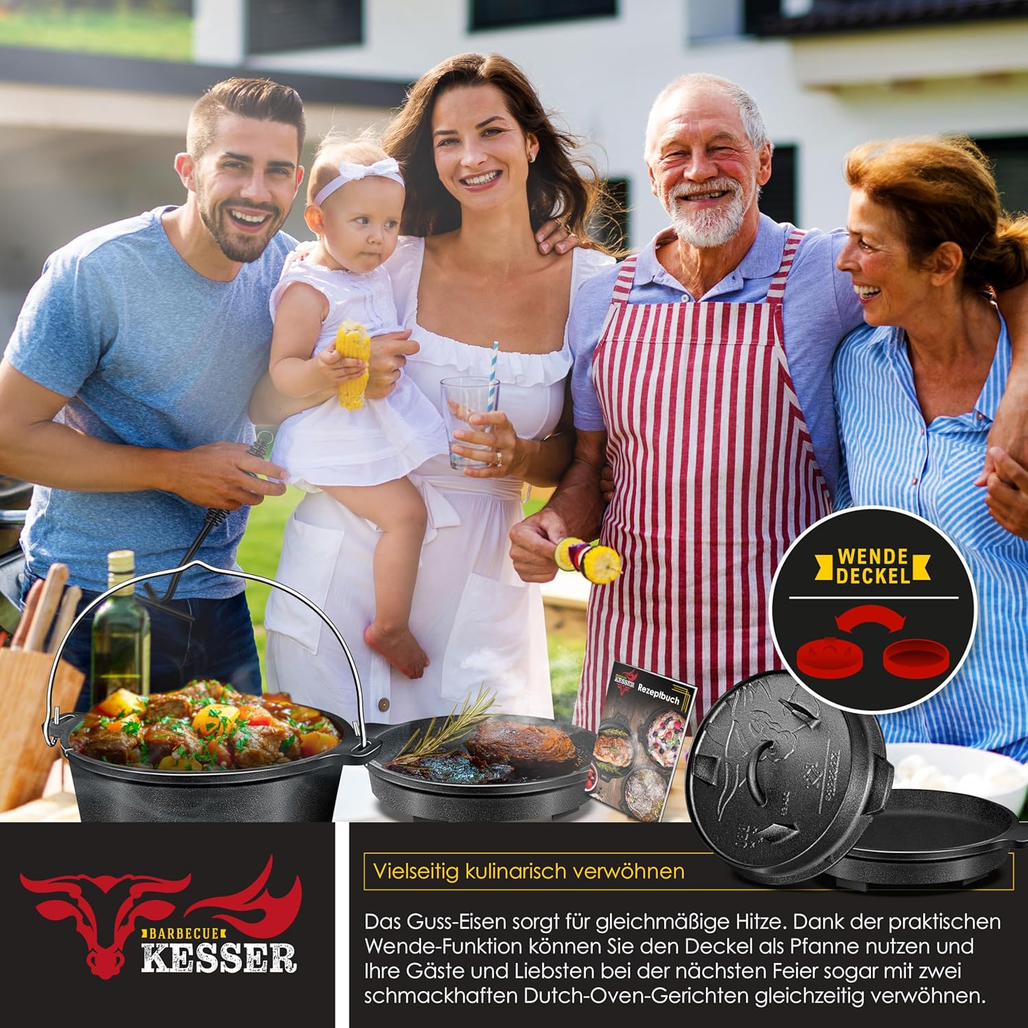KESSER® Dutch Oven Eisentopf mit Deckelheber, Thermometer‑Schlitz, Gulasch & Grill