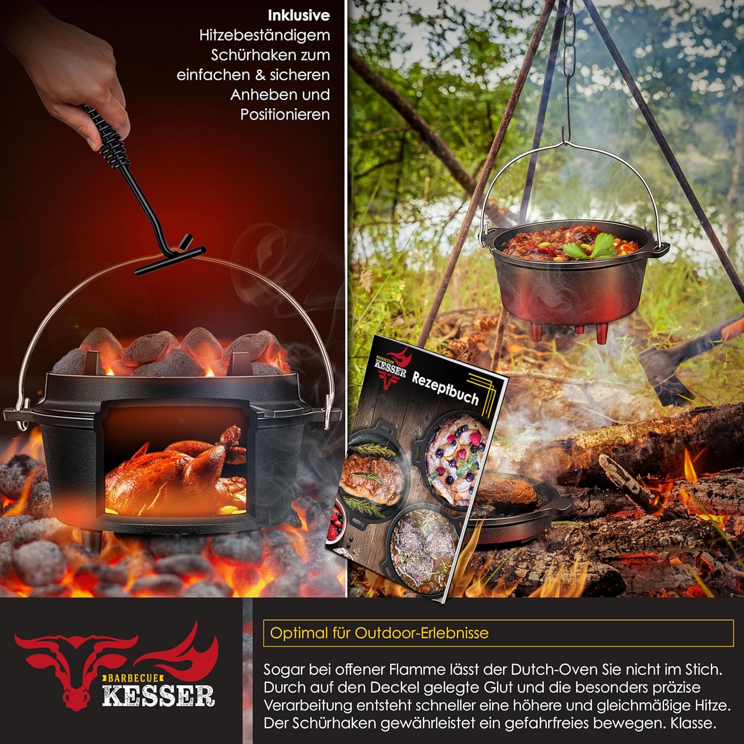 KESSER® Dutch Oven Eisentopf mit Deckelheber, Thermometer‑Schlitz, Gulasch & Grill
