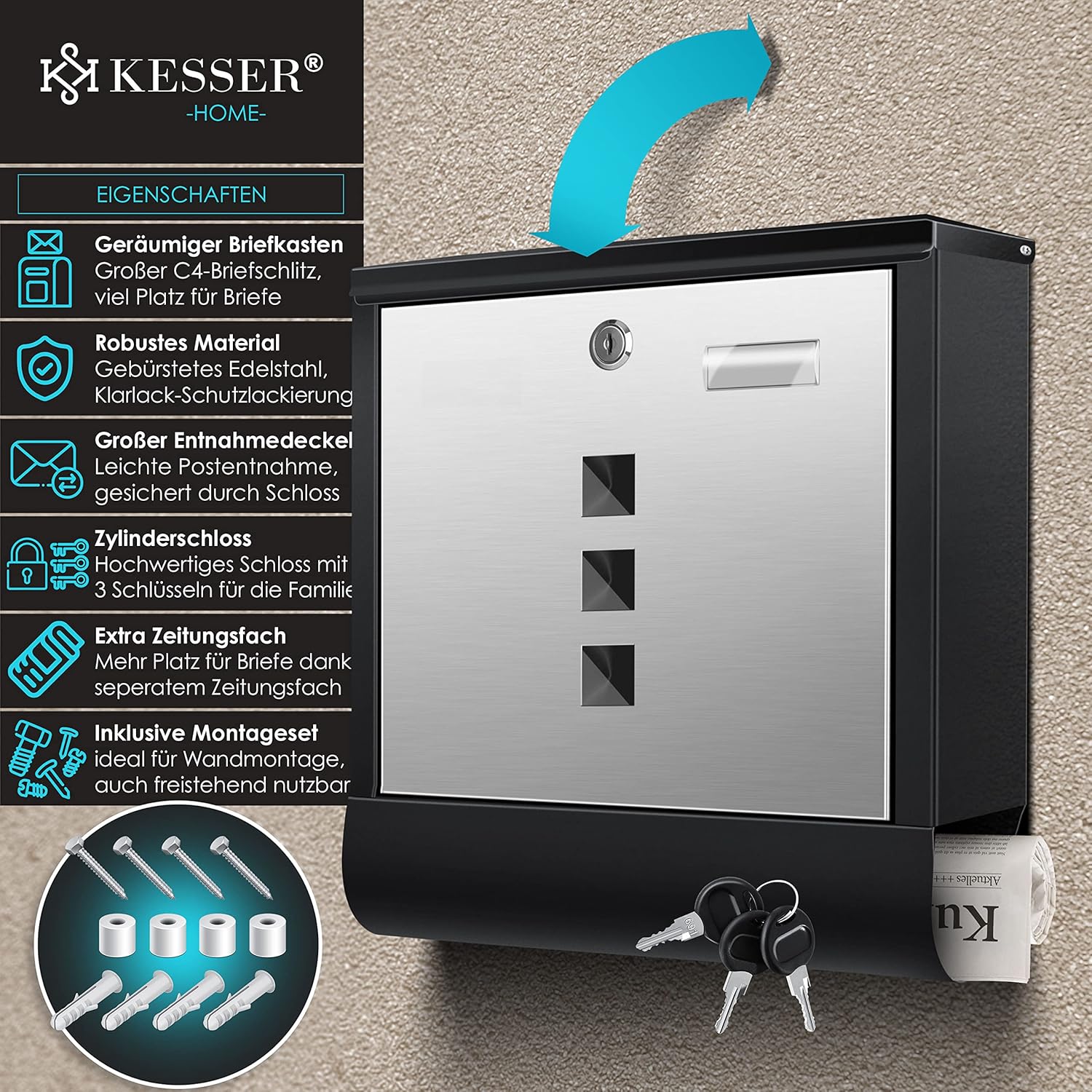 KESSER® Edelstahl-Briefkasten mit Zeitungsfach, Sichtfenster, abschließbar, 3-Schlüssel, Wandmontage