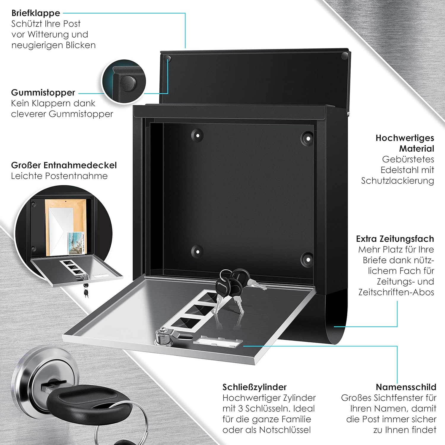 KESSER® Edelstahl-Briefkasten mit Zeitungsfach, Sichtfenster, abschließbar, 3-Schlüssel, Wandmontage