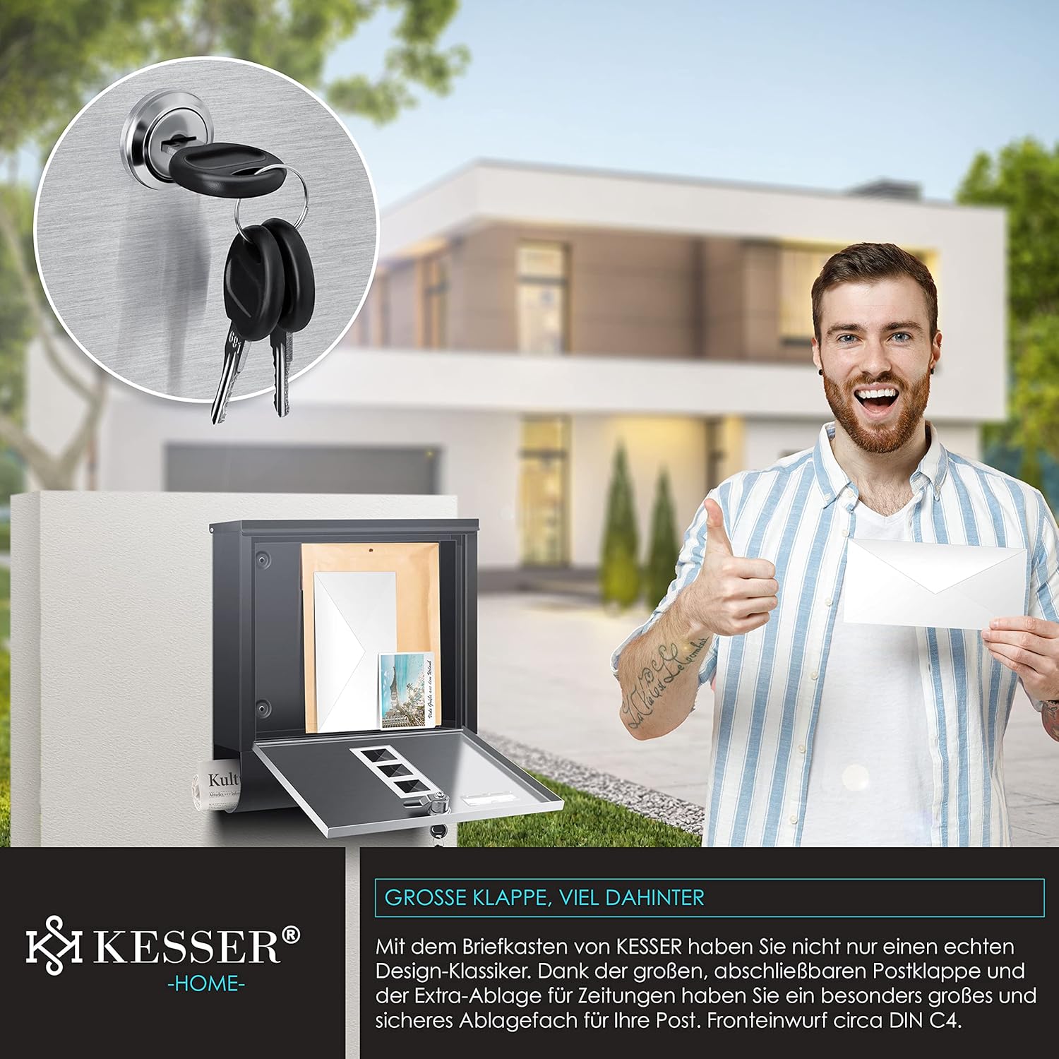 KESSER® Edelstahl-Briefkasten mit Zeitungsfach, Sichtfenster, abschließbar, 3-Schlüssel, Wandmontage