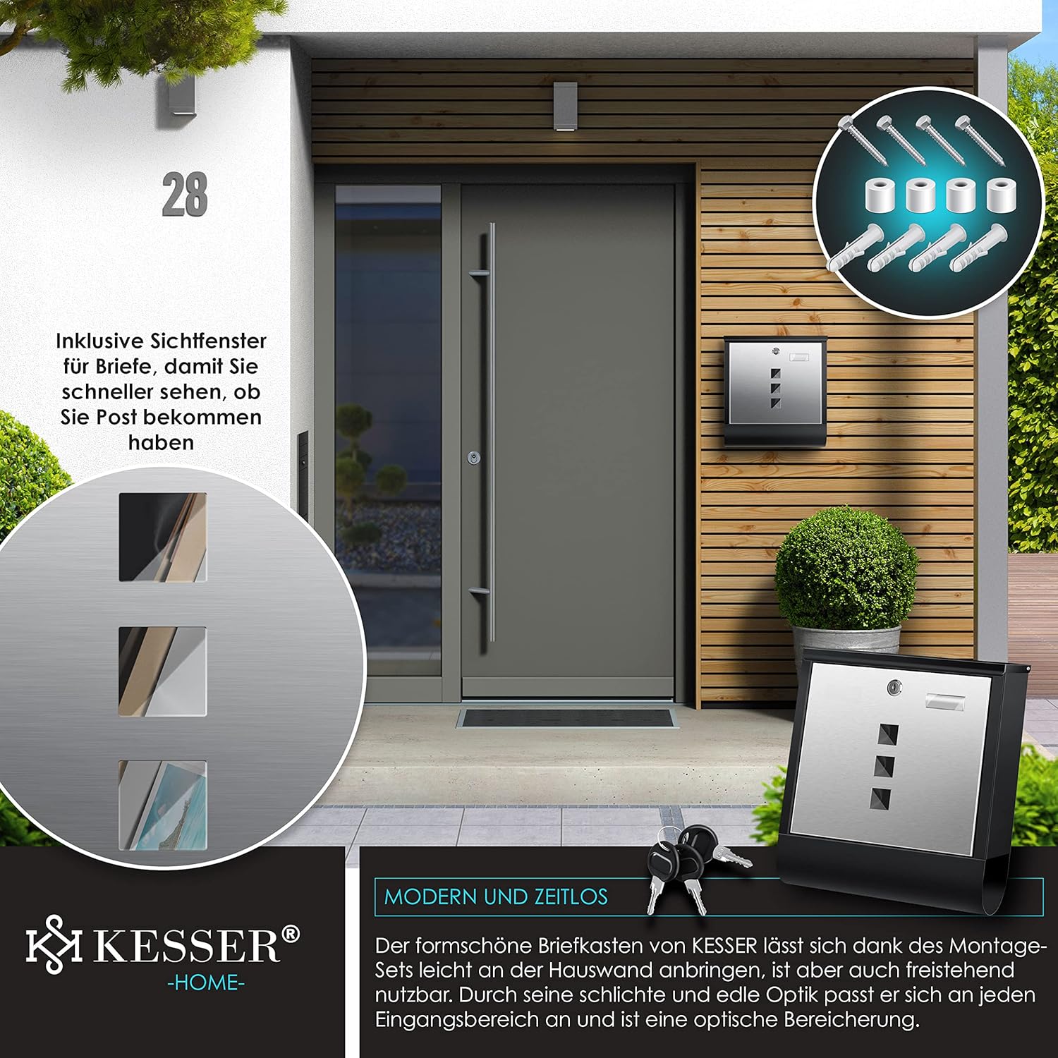 KESSER® Edelstahl-Briefkasten mit Zeitungsfach, Sichtfenster, abschließbar, 3-Schlüssel, Wandmontage