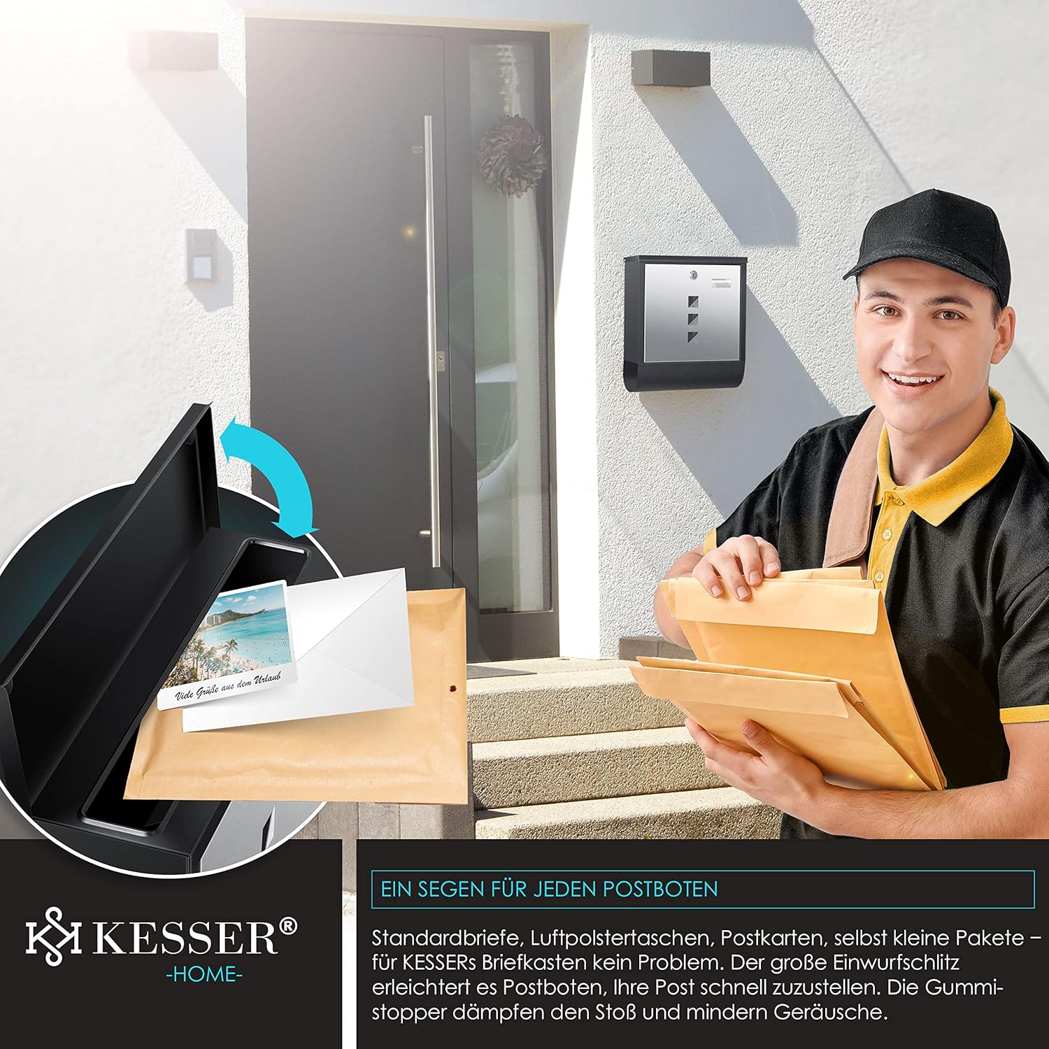 KESSER® Edelstahl-Briefkasten mit Zeitungsfach, Sichtfenster, abschließbar, 3-Schlüssel, Wandmontage