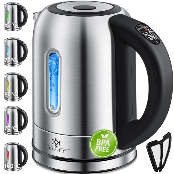 KESSER Edelstahl-Wasserkocher 2200W 1,7L LED-Temperaturanzeige 2h Warmhaltefunktion