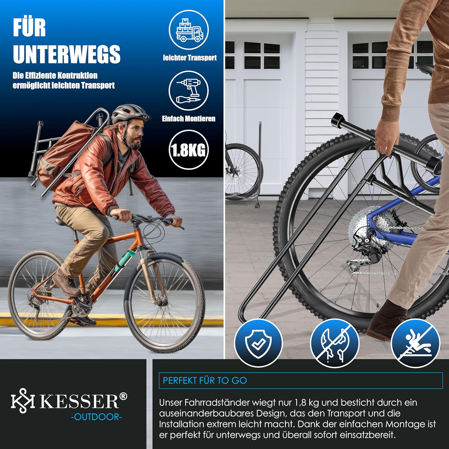 KESSER® Einzelschicht-Bike‑Ständer Stahl bis 65 mm für E‑Bike, MTB, City, Road
