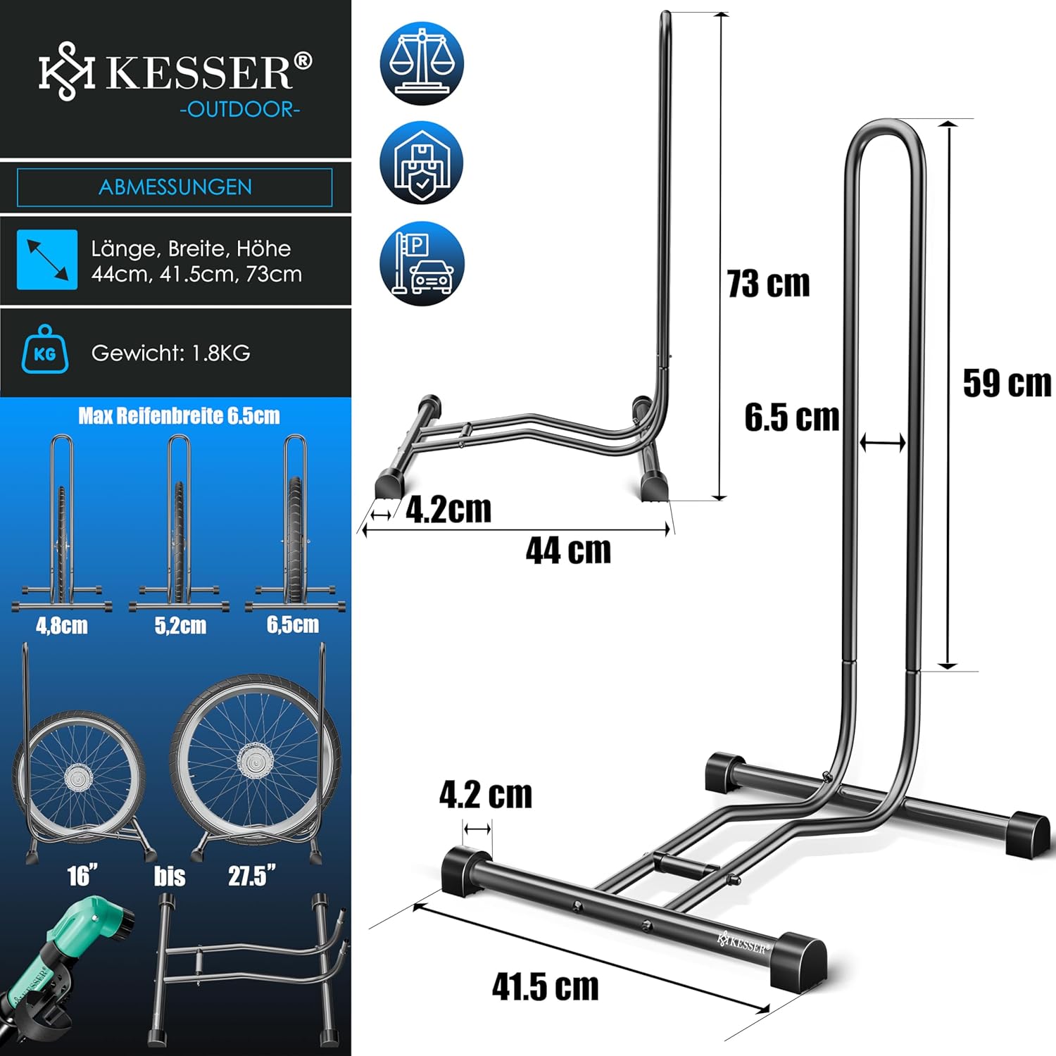 KESSER® Einzelschicht-Bike‑Ständer Stahl bis 65 mm für E‑Bike, MTB, City, Road