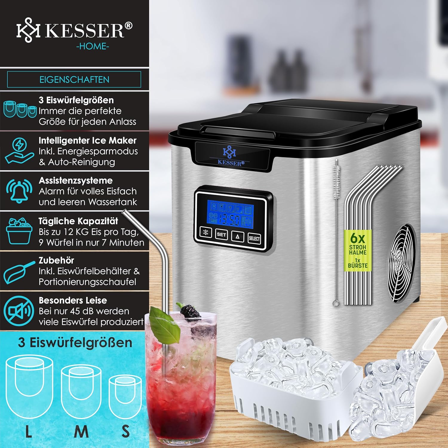 KESSER® Eiswürfelmaschine Edelstahl 150W, 12 kg/24 h, 3 Größen, Timer