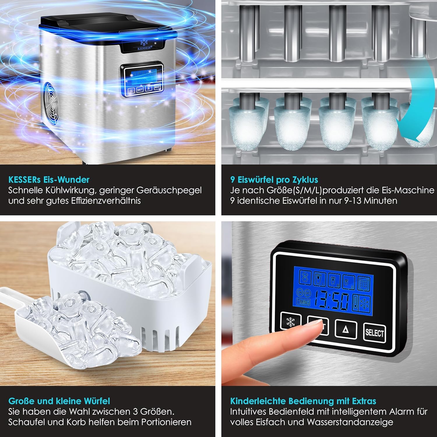 KESSER® Eiswürfelmaschine Edelstahl 150W, 12 kg/24 h, 3 Größen, Timer