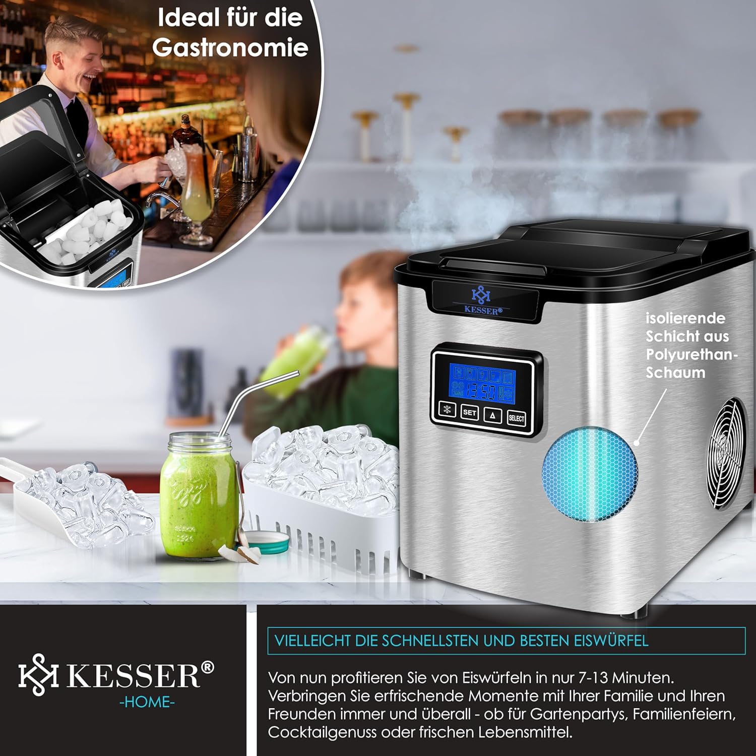 KESSER® Eiswürfelmaschine Edelstahl 150W, 12 kg/24 h, 3 Größen, Timer