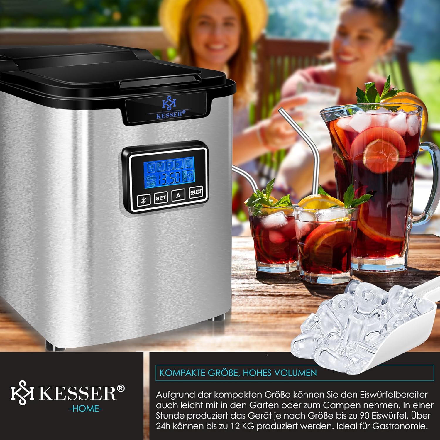 KESSER® Eiswürfelmaschine Edelstahl 150W, 12 kg/24 h, 3 Größen, Timer
