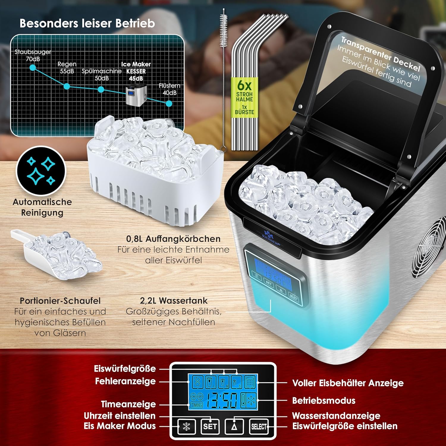 KESSER® Eiswürfelmaschine Edelstahl 150W, 12 kg/24 h, 3 Größen, Timer