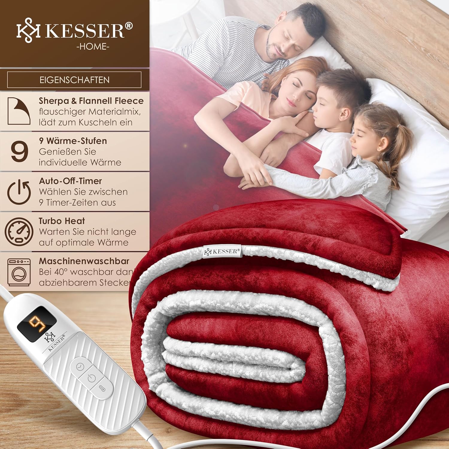 KESSER® Elektrische Decke 200x180 cm – doppelseitig, 9 Stufen, automatische Abschaltung