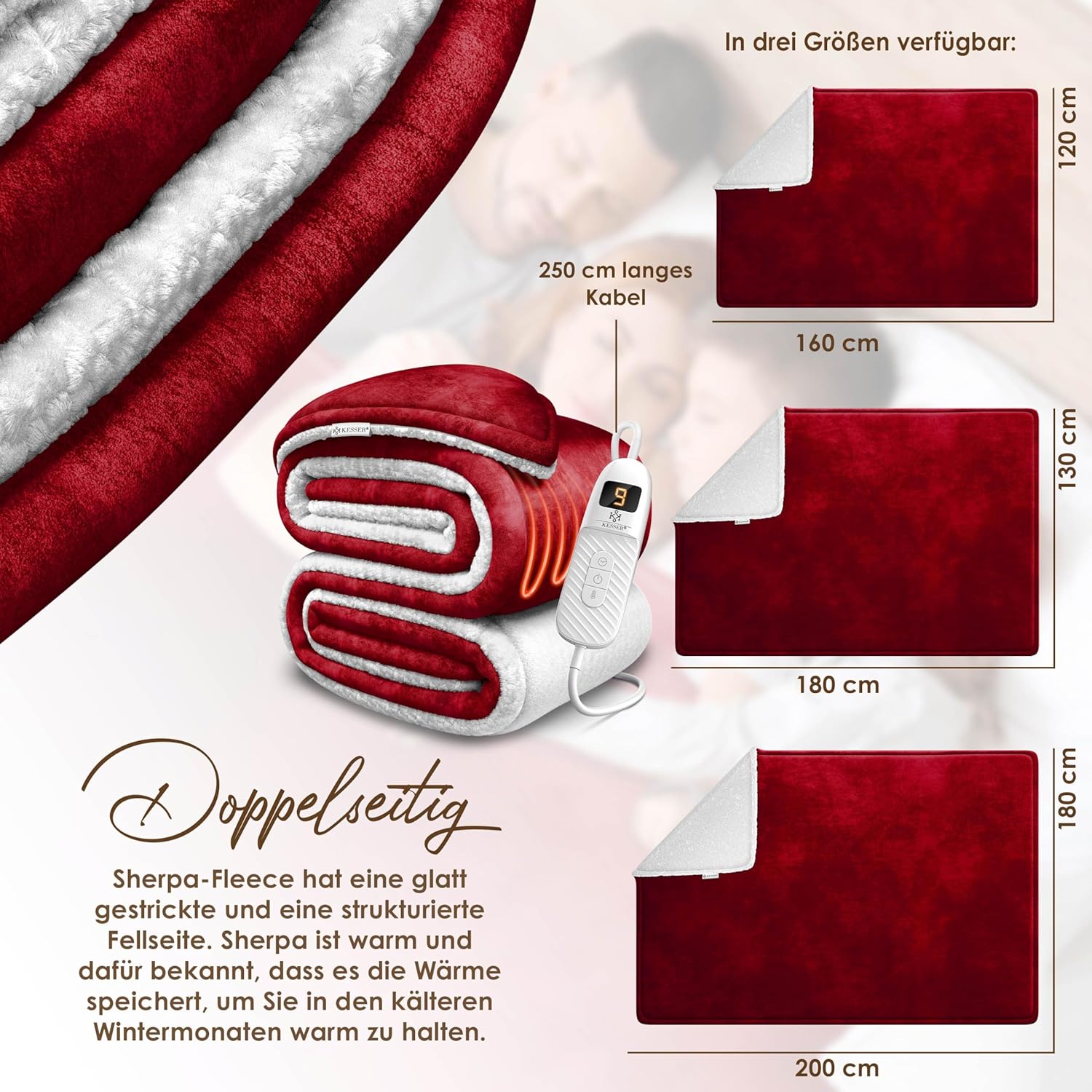 KESSER® Elektrische Decke 200x180 cm – doppelseitig, 9 Stufen, automatische Abschaltung