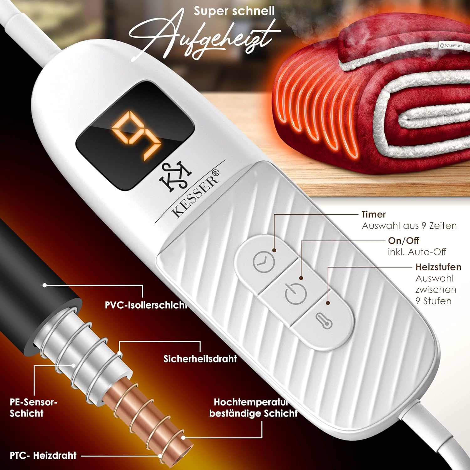 KESSER® Elektrische Decke 200x180 cm – doppelseitig, 9 Stufen, automatische Abschaltung