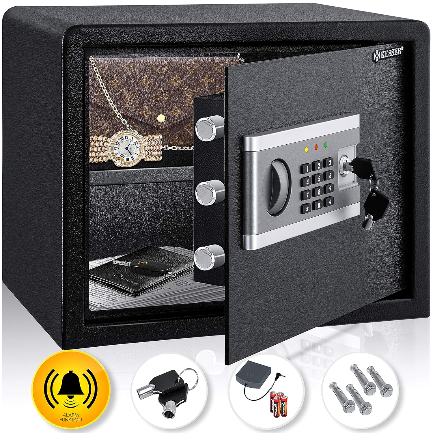 Kesser® Elektrischer Tresor 38×30×30 cm, 3 Doppelbolzen, Innenbeleuchtung