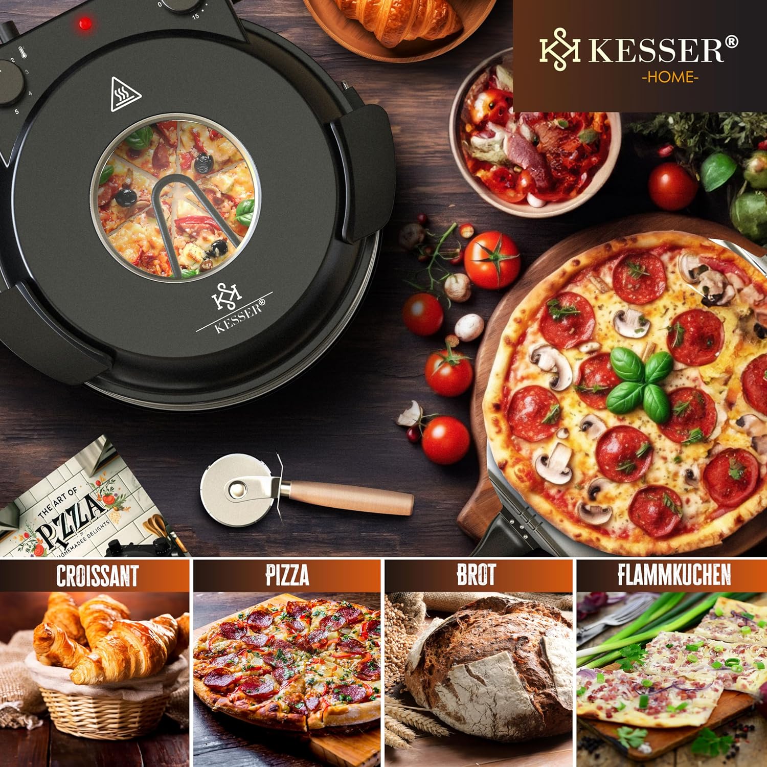 KESSER® Elektro-Pizzasteuer 32 cm, 1200 W, bis 400 °C, feuerfeste Steinplatte, 5 Heizstufen, Blickfenster