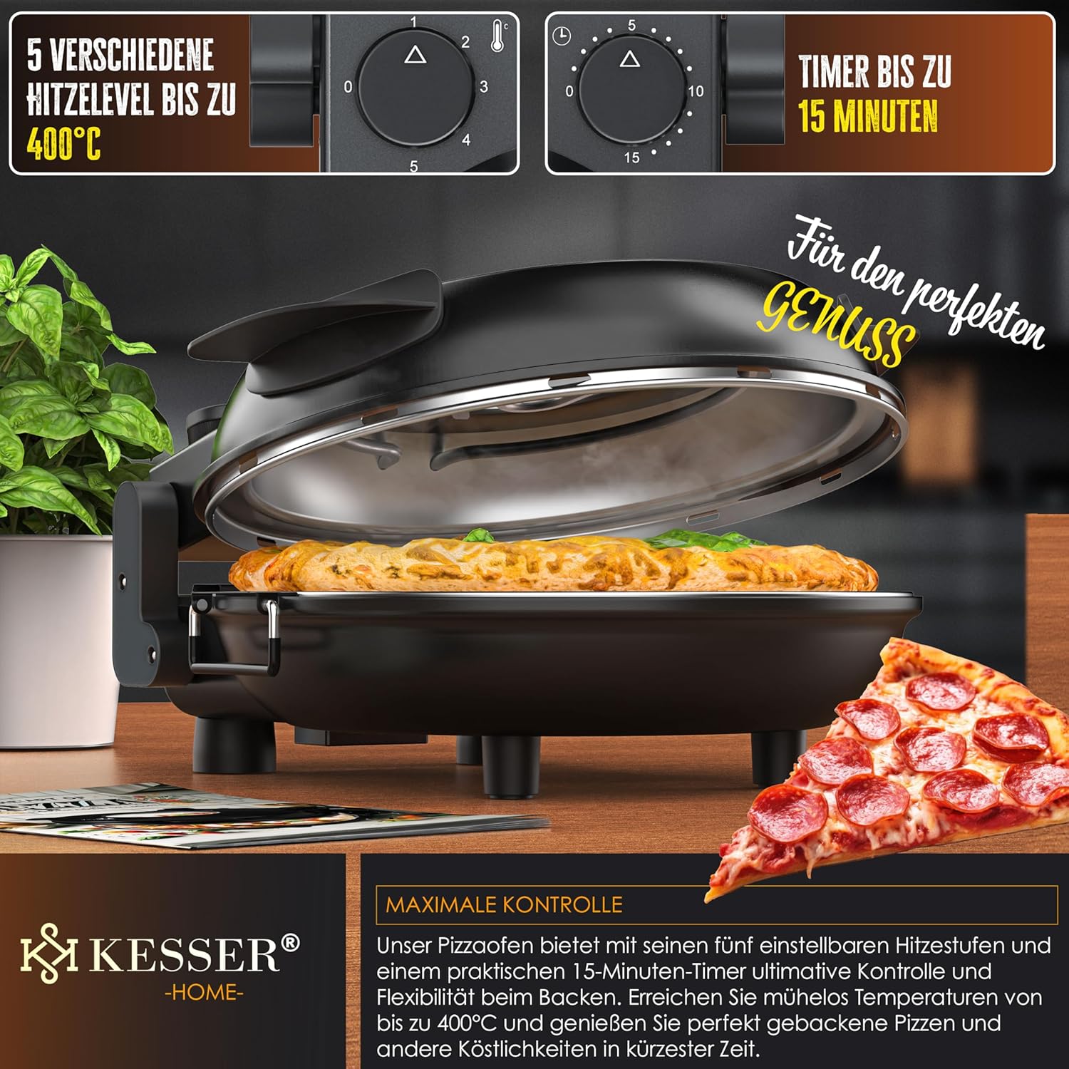 KESSER® Elektro-Pizzasteuer 32 cm, 1200 W, bis 400 °C, feuerfeste Steinplatte, 5 Heizstufen, Blickfenster