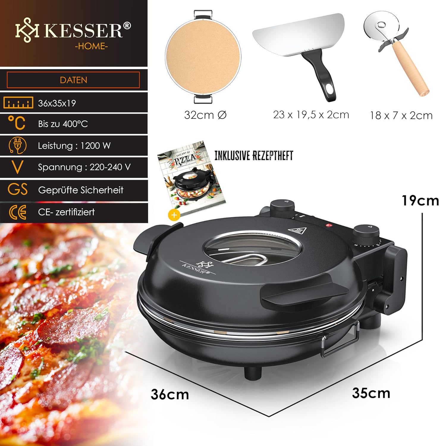 KESSER® Elektro-Pizzasteuer 32 cm, 1200 W, bis 400 °C, feuerfeste Steinplatte, 5 Heizstufen, Blickfenster