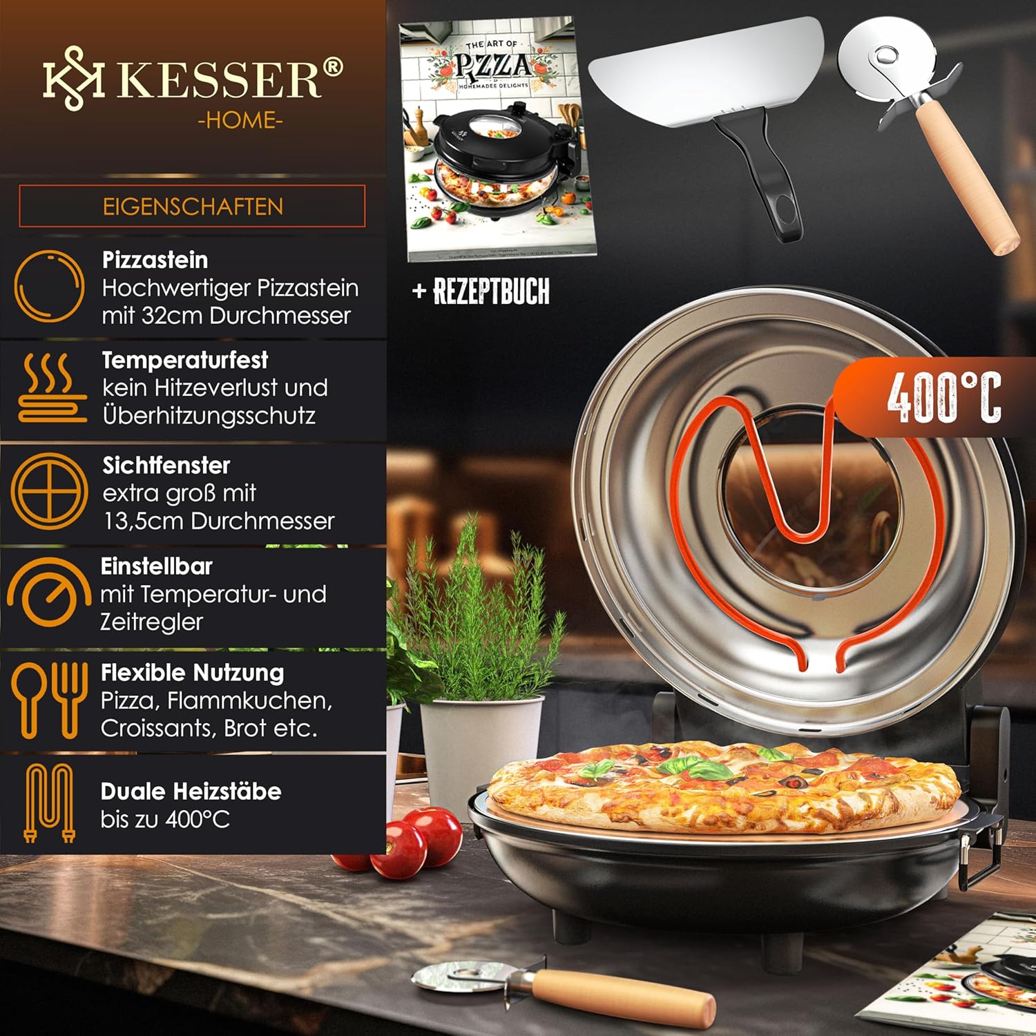 KESSER® Elektro-Pizzasteuer 32 cm, 1200 W, bis 400 °C, feuerfeste Steinplatte, 5 Heizstufen, Blickfenster