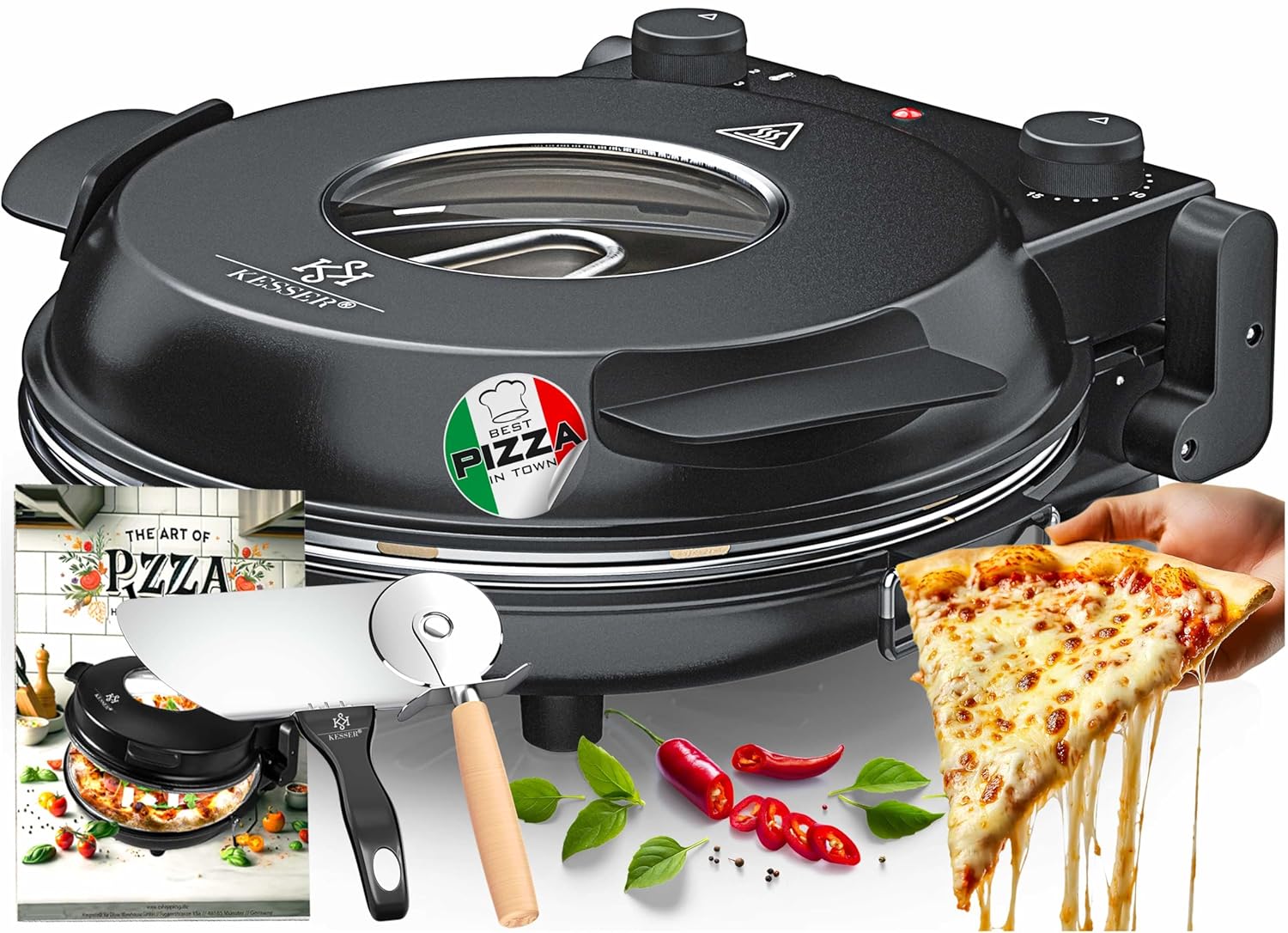 KESSER® Elektro-Pizzasteuer 32 cm, 1200 W, bis 400 °C, feuerfeste Steinplatte, 5 Heizstufen, Blickfenster