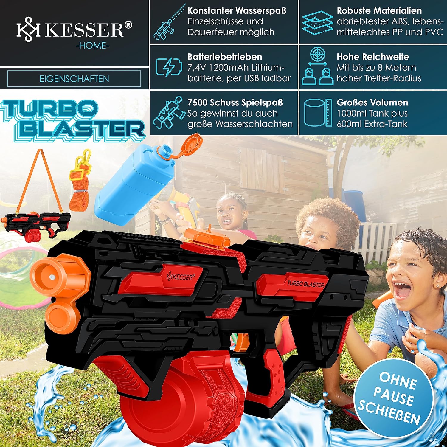 KESSER® Elektro‑Wasserpistole 1000 ml, 8 m Reichweite, batterie‑betrieben