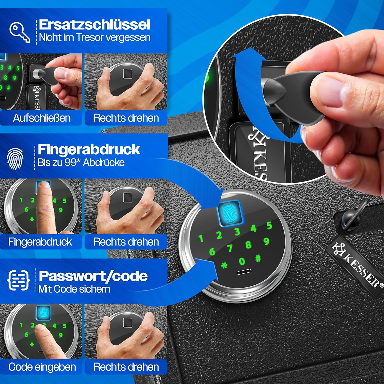 KESSER Elektronischer Tresor Fingerabdruck & Schlüssel, 3× Doppelbolzen, Notbatterie