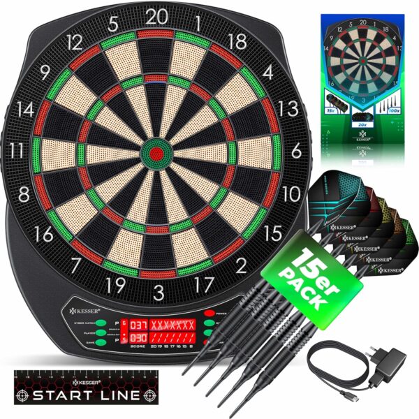 KESSER® Elektronisches Dartbrett Pro-Set 15 Darts, 35 Pro-Flügel, 100 Pfeilspitzen, 1‑8 Spieler