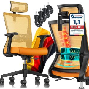KESSER® Ergonomischer Bürostuhl – verstellbare Armlehnen, Lumbar-Unterstützung, Kopfstütze, 125° schwenkbar