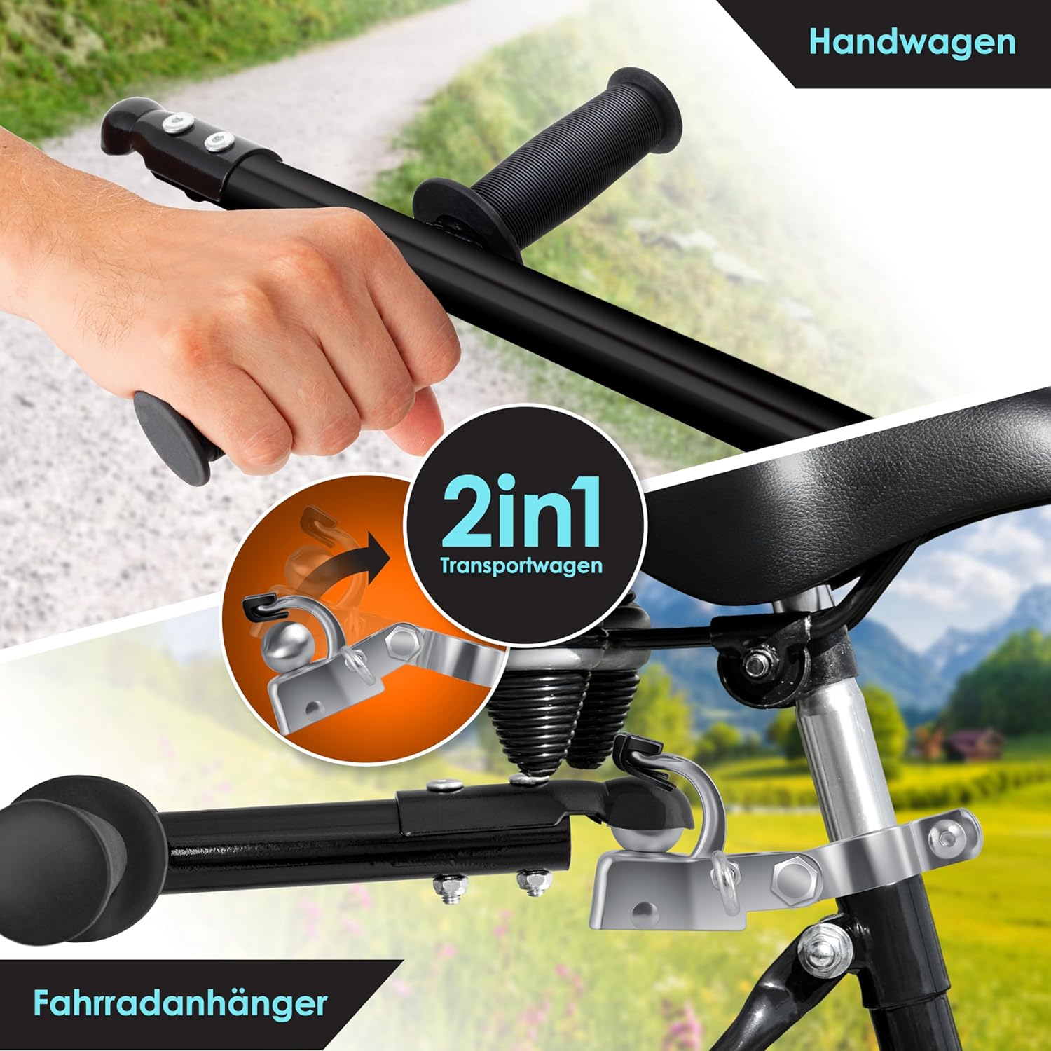 KESSER Fahrradanhänger 70 L, 60 kg, Handtrolley, Coupler, hoher Zugstang