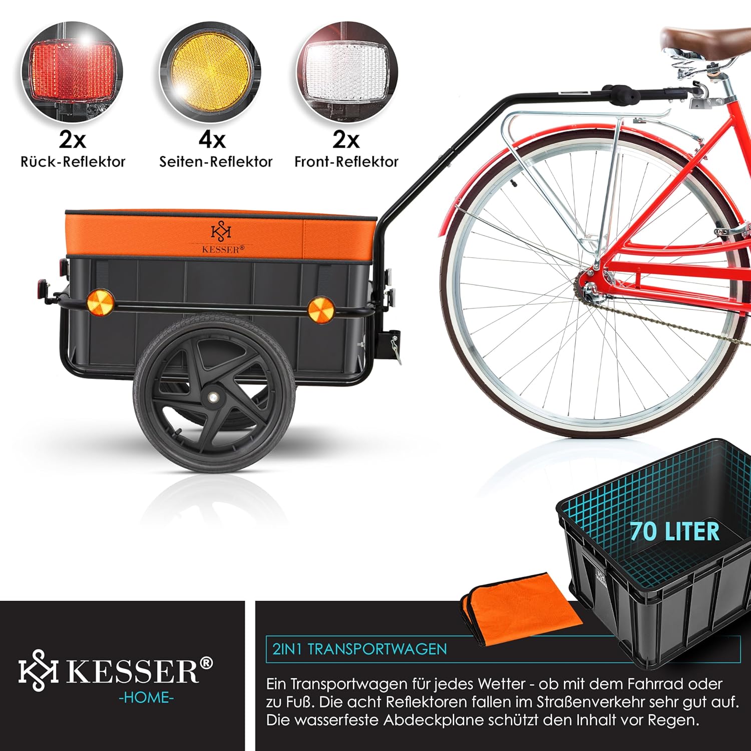 KESSER Fahrradanhänger 70 L, 60 kg, Handtrolley, Coupler, hoher Zugstang