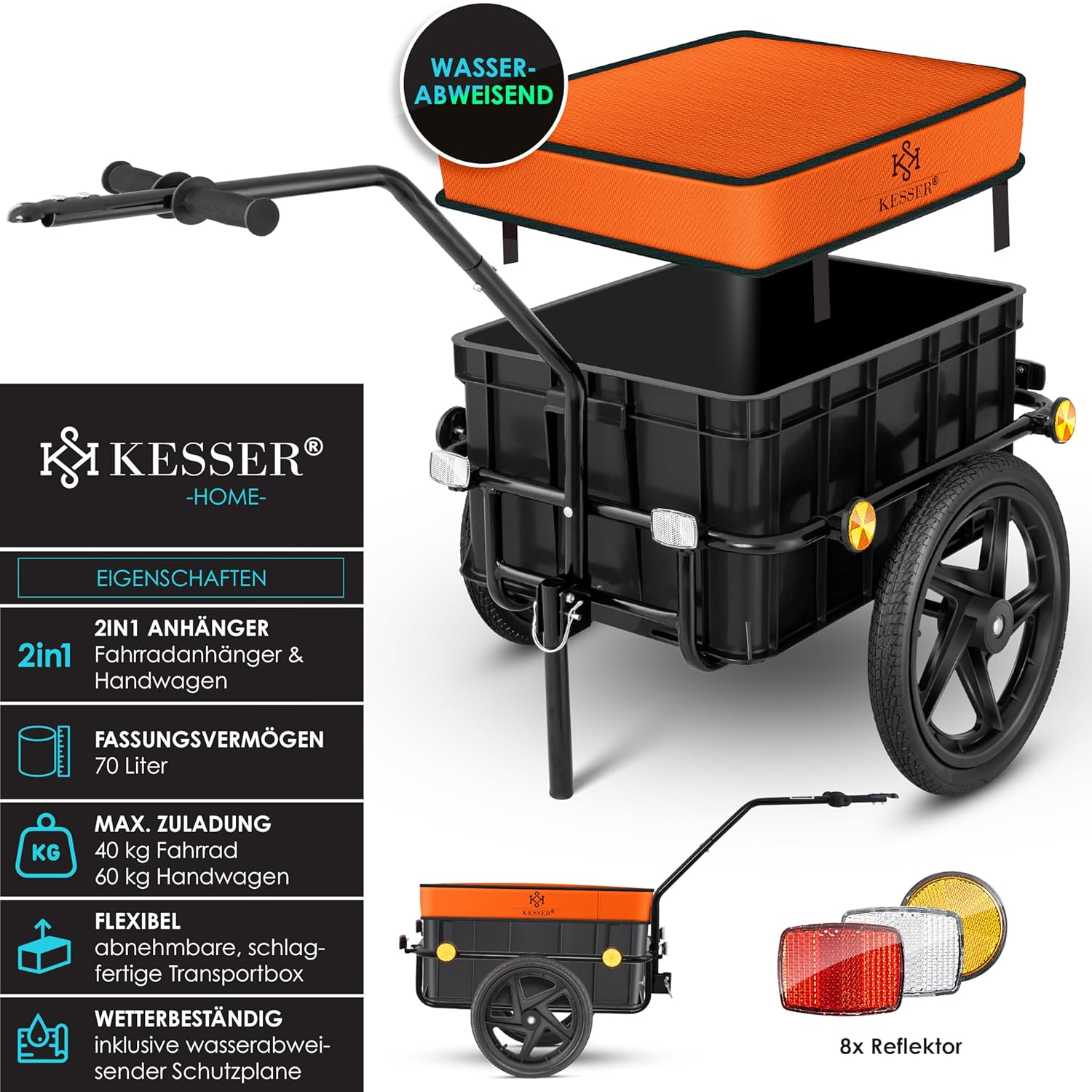 KESSER Fahrradanhänger 70 L, 60 kg, Handtrolley, Coupler, hoher Zugstang