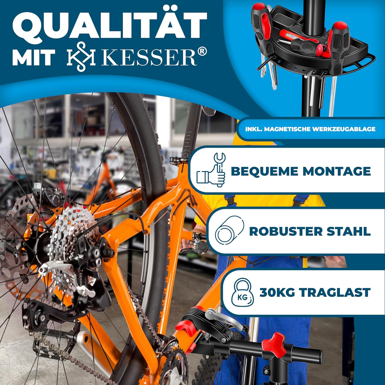 KESSER® Fahrradmontageständer, Profi bis 30 kg, drehbar, mit Werkzeugschale & Tragetasche